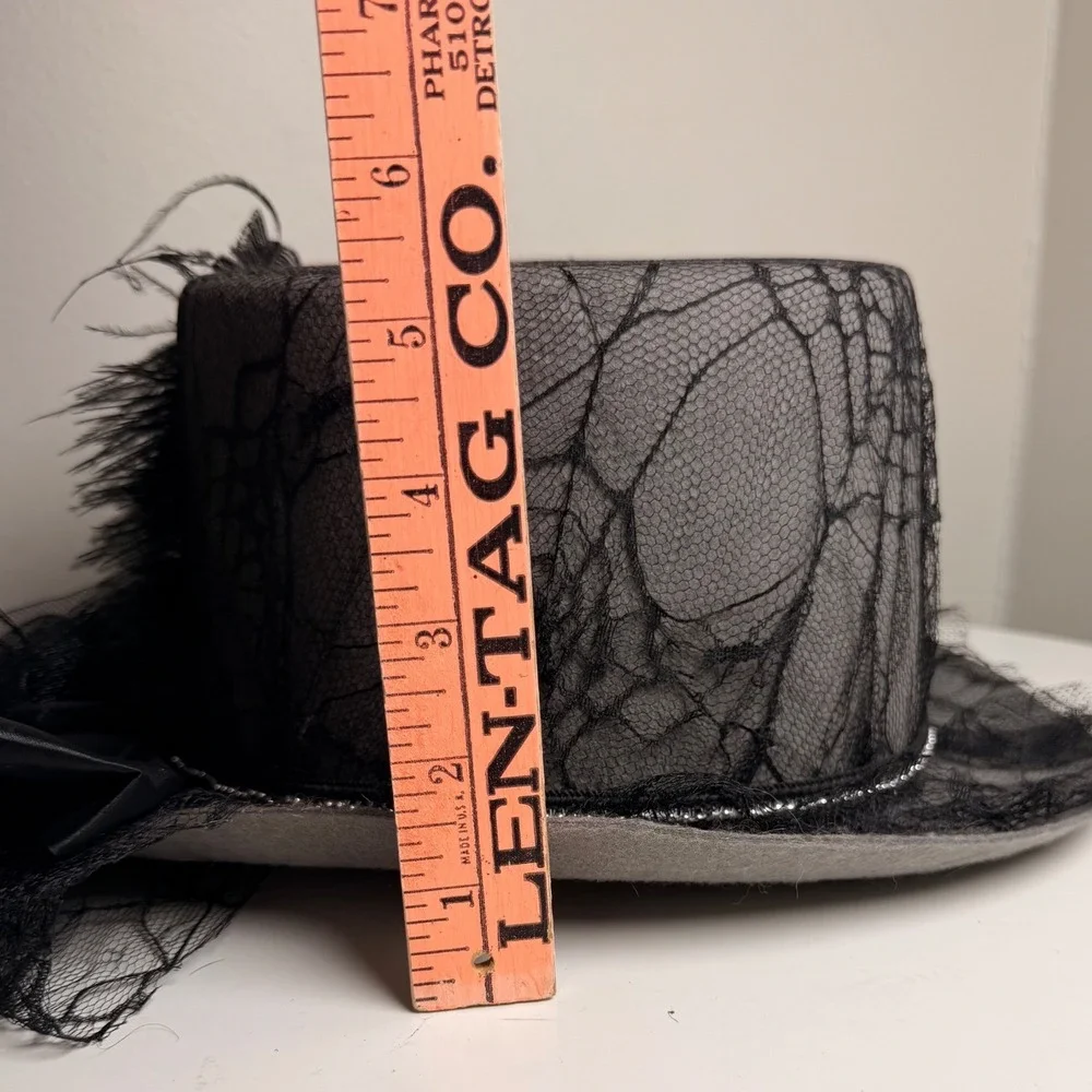 Gothic Victorian Gray Top Hat Black Lace Veil Feather Fascinator S/M